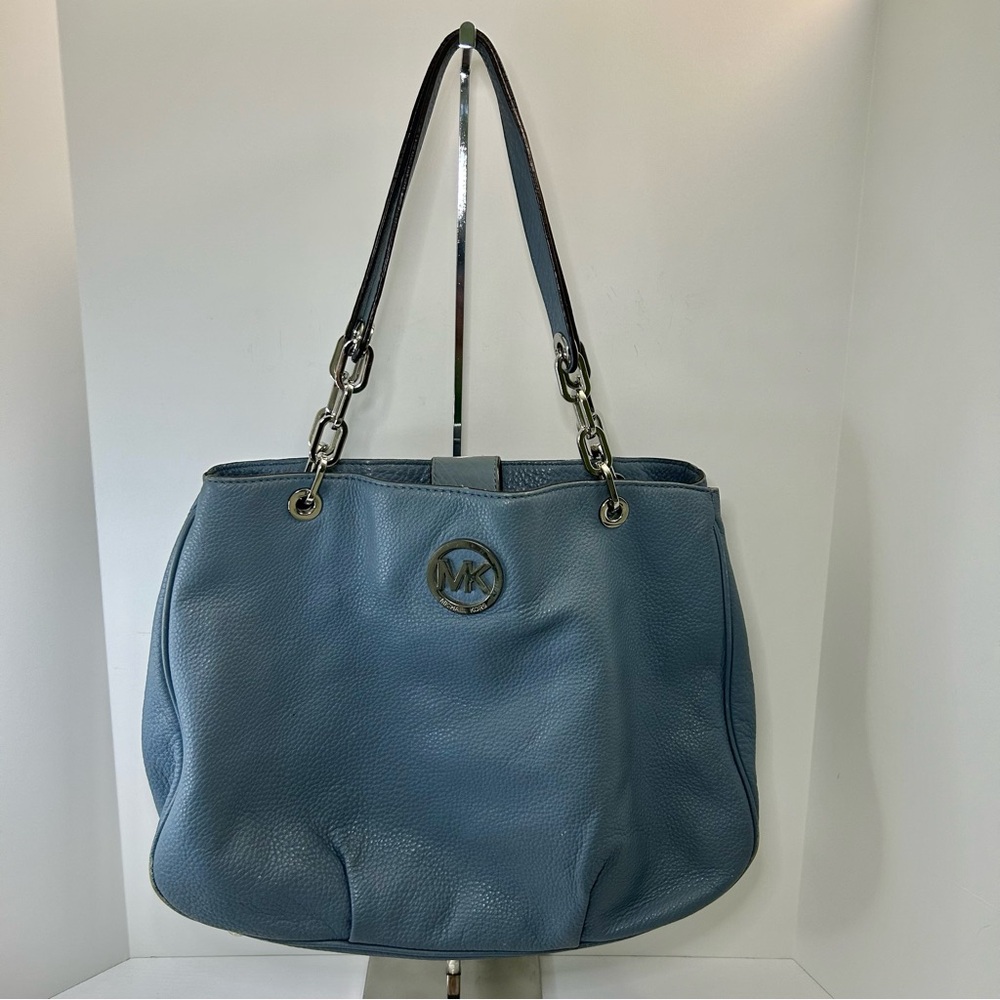 Michael Kors Blue Multi-Compartment Double Strap Shoulder Bag with Chain Accents